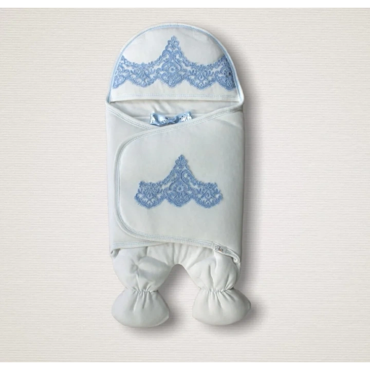 Yenidoğan Fistolu Fiyonk Kurdelalı Şapkalı Lüks Kız Erkek Bebek Ayaklı Kundak Bebek Battaniyesi Mavi