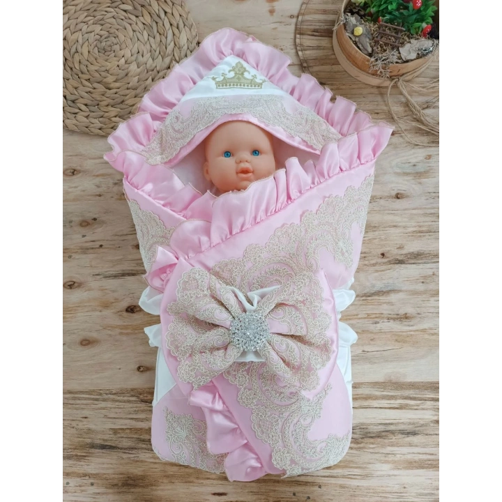 Yenidoğan Grand Lüks Kelebek Ağır Güpür İşlemeli Şapkalı Bebek Battaniyesi Kundak Pembe