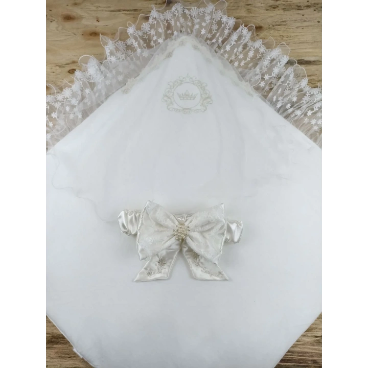 Yenidoğan İpek Venüs Taç Nakışlı Delüks Kundak Bebek Battaniyesi Ekru