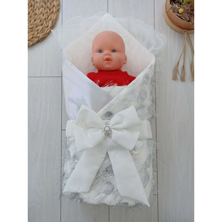 Yenidoğan İzmir İncisi Tül İşlemeli Pamuklu Fiyonklu Kundaklı Lüks 3lü Alt Açma Seti Gümüş