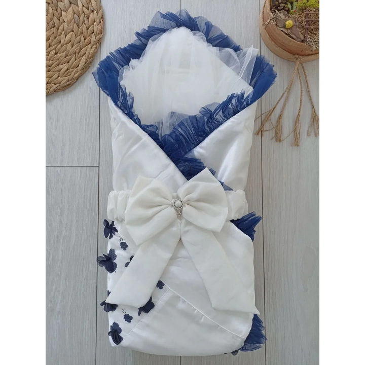 Yenidoğan İzmir İncisi Tül İşlemeli Pamuklu Fiyonklu Kundaklı Lüks 3lü Alt Açma Seti Lacivert