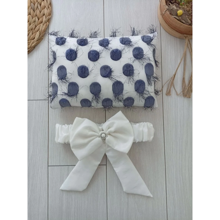 Yenidoğan İzmir İncisi Tül İşlemeli Pamuklu Fiyonklu Kundaklı Lüks 3lü Alt Açma Seti Lacivert