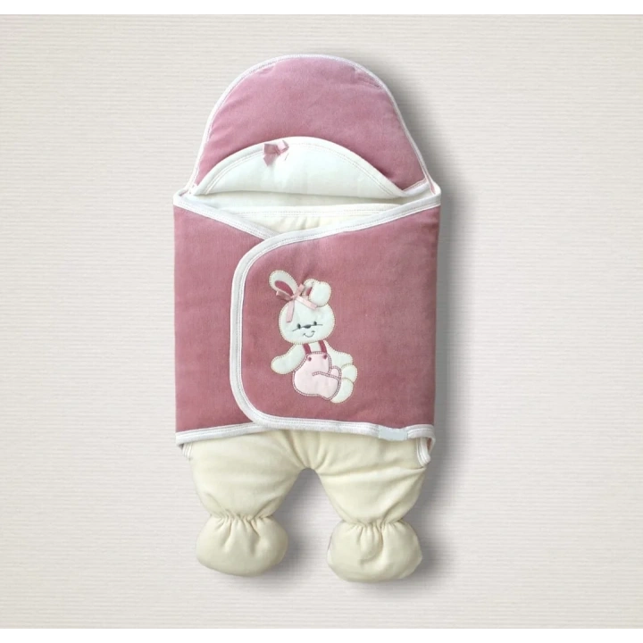 Yenidoğan Kadife Kumaş Ayıcık Nakışlı Şapkalı Kız Erkek Bebek Ayaklı Kundak Bebek Battaniyesi Gül Kurusu
