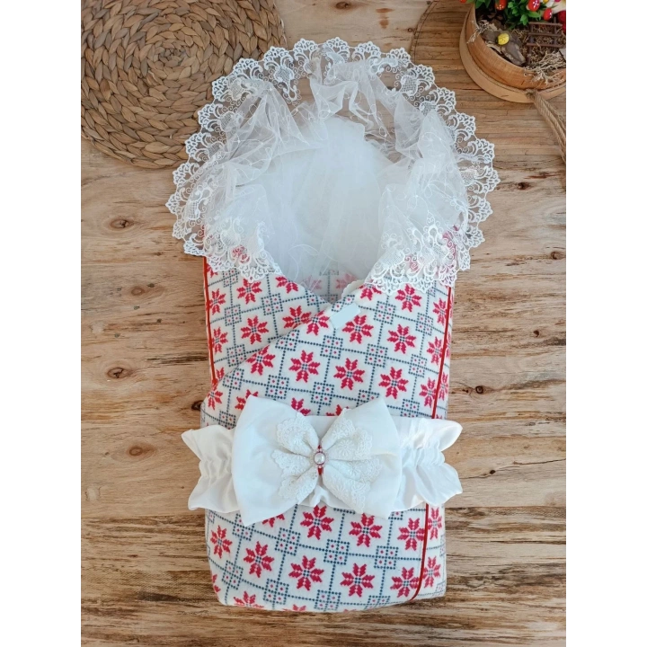 Yenidoğan Kar Tanesi Desenli Dantelli Duvaklı Bebek Battaniyesi Kundak Ekru