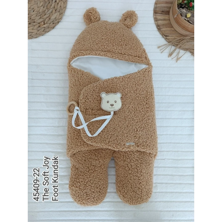 Yenidoğan Kulaklı Şapkalı Açılır Kucaklı Cırt Kapamalı Ayaklı Bebek Battaniyesi Kundak Kahverengi