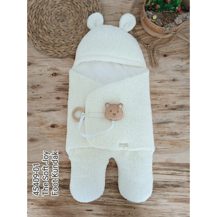 Yenidoğan Kulaklı Şapkalı Açılır Kucaklı Cırt Kapamalı Ayaklı Bebek Battaniyesi Kundak Krem