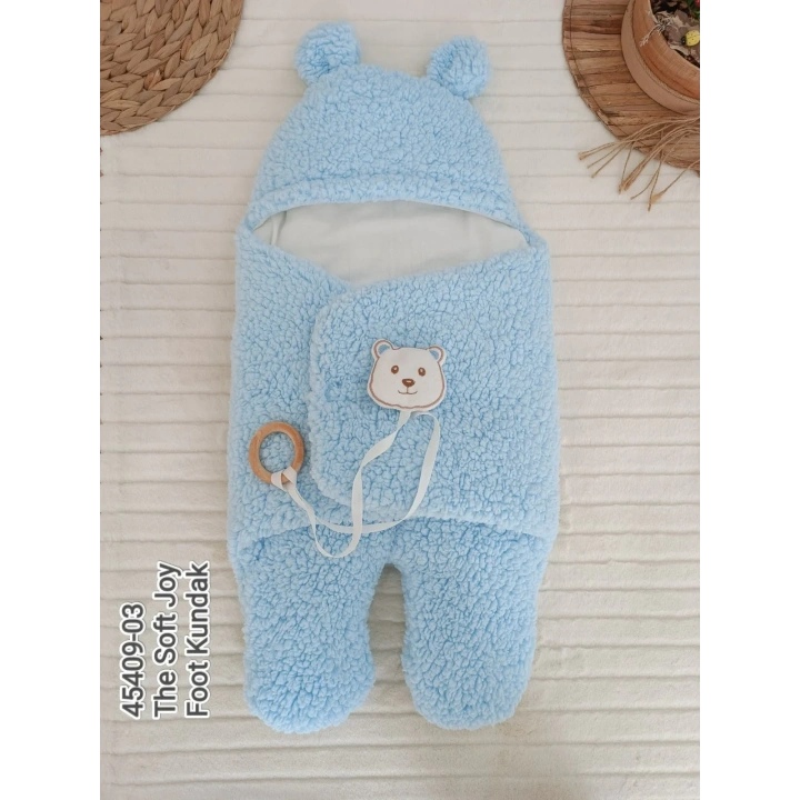 Yenidoğan Kulaklı Şapkalı Açılır Kucaklı Cırt Kapamalı Ayaklı Bebek Battaniyesi Kundak Mavi