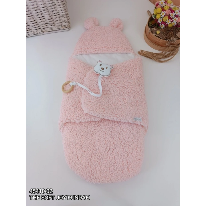 Yenidoğan Kulaklı Şapkalı Açılır Kucaklı Cırt Kapamalı Bebek Battaniyesi Kundak Pembe