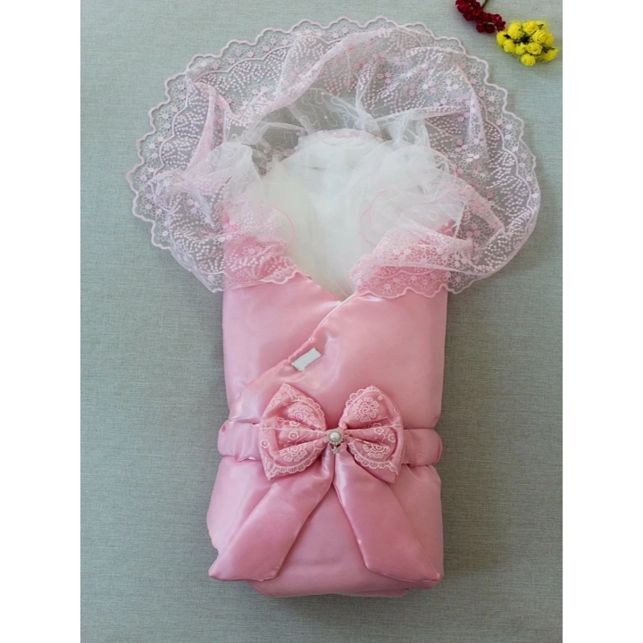 Yenidoğan Kumru İnci Fiyonk Kristal Parlak Duvaklı Kundak Bebek Battaniyesi Pembe