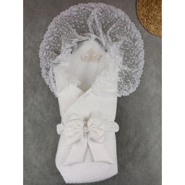 Yenidoğan Kumru Plazma Taçlı Lüks Kundak Bebek Battaniyesi Ekru