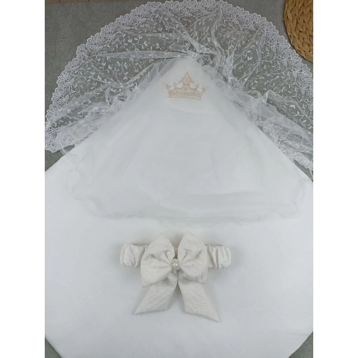 Yenidoğan Kumru Plazma Taçlı Lüks Kundak Bebek Battaniyesi Ekru