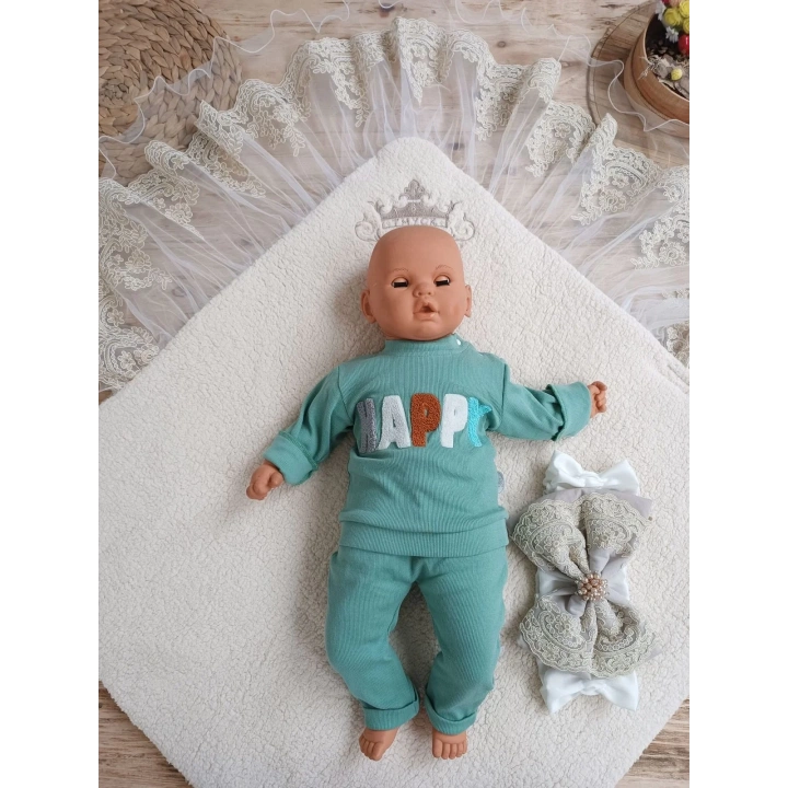 Yenidoğan Kuzulu Taç Nakış Güpürlü Fiyonklu Duvaklı Prizma Taş Unisex Kundak Bebek Battaniyesi Ekru