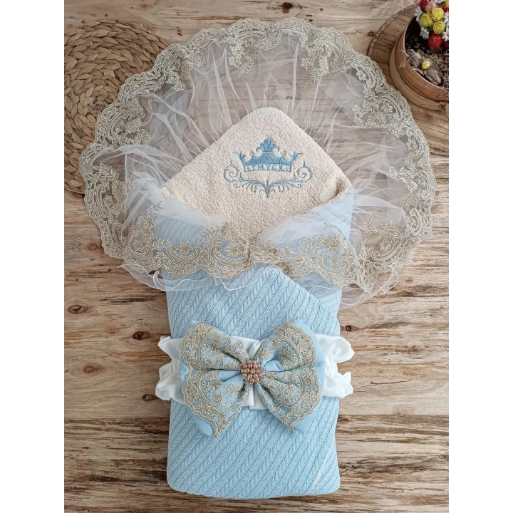Yenidoğan Kuzulu Taç Nakış Güpürlü Fiyonklu Duvaklı Prizma Taş Unisex Kundak Bebek Battaniyesi Mavi