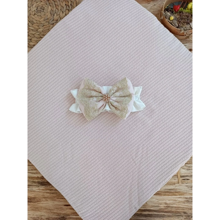 Yenidoğan Kuzulu Taç Nakış Güpürlü Fiyonklu Duvaklı Prizma Taş Unisex Kundak Bebek Battaniyesi Pembe