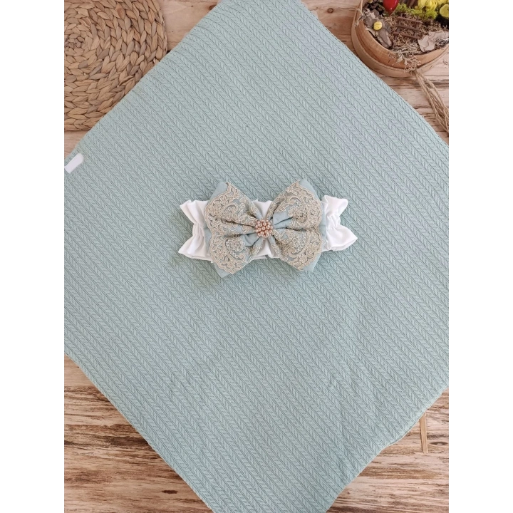 Yenidoğan Kuzulu Taç Nakış Güpürlü Fiyonklu Duvaklı Prizma Taş Unisex Kundak Bebek Battaniyesi Su Yeşili