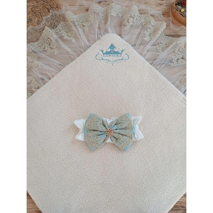 Yenidoğan Kuzulu Taç Nakış Güpürlü Fiyonklu Duvaklı Prizma Taş Unisex Kundak Bebek Battaniyesi Su Yeşili