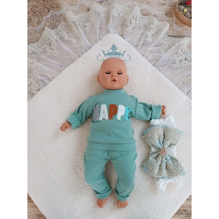 Yenidoğan Kuzulu Taç Nakış Güpürlü Fiyonklu Duvaklı Prizma Taş Unisex Kundak Bebek Battaniyesi Su Yeşili