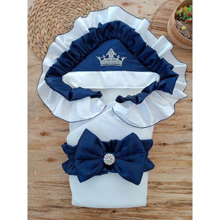 Yenidoğan Mehtap Lüks Kelebek Taç Nakışlı Bebek Battaniyesi Kundak Lacivert