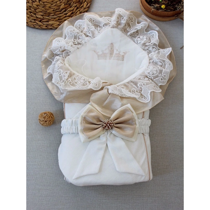 Yenidoğan Nil Taç Nakışlı Kumru Kundak Bebek Battaniyesi Sütlü Kahve