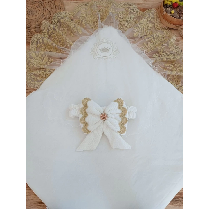 Yenidoğan Pamuk Taç Benim Prensesim Nakışlı Trilüks Kundak Bebek Battaniyesi Ekru