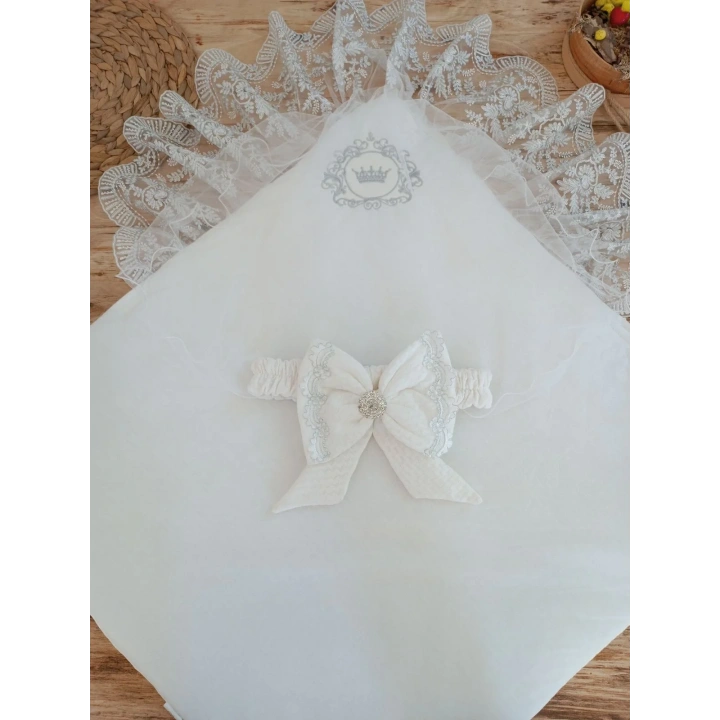 Yenidoğan Pamuk Taç Benim Prensim Nakışlı Trilüks Kundak Bebek Battaniyesi Ekru