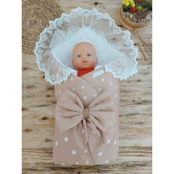 Yenidoğan Papatya Desenli Trilüks Unisex Kundak Bebek Battaniyesi Kahverengi