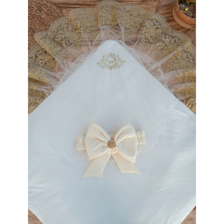 Yenidoğan Piramitland Taşlı Gold Güpür İşleme Bebek Battaniyesi Kundak Ekru