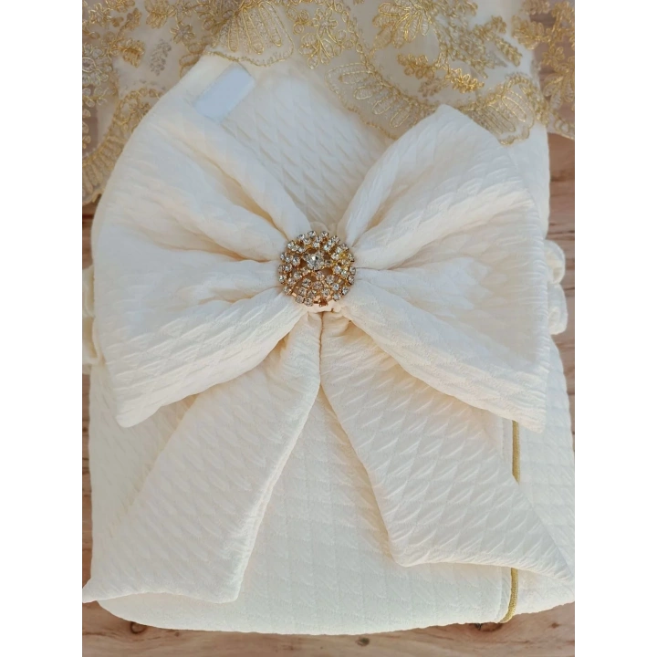 Yenidoğan Piramitland Taşlı Gold Güpür İşleme Bebek Battaniyesi Kundak Ekru