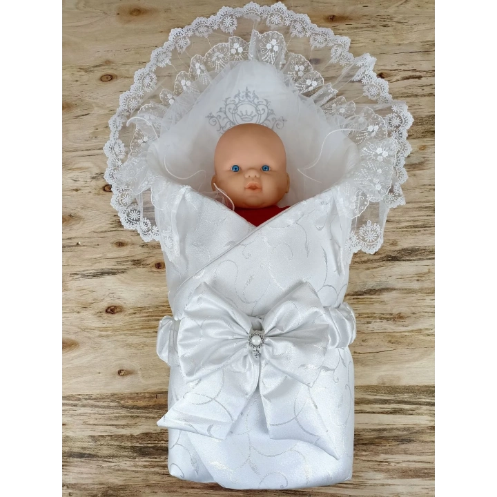 Yenidoğan Pırıltı Taç Nakışlı İnci Delüks Kundak Bebek Battaniyesi Ekru