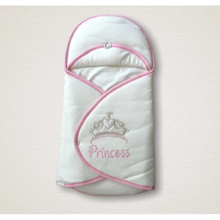 Yenidoğan Princess Nakışlı Çizgi Efektli Kız Bebek Klasik Kundak Bebek Battaniyesi Ekru