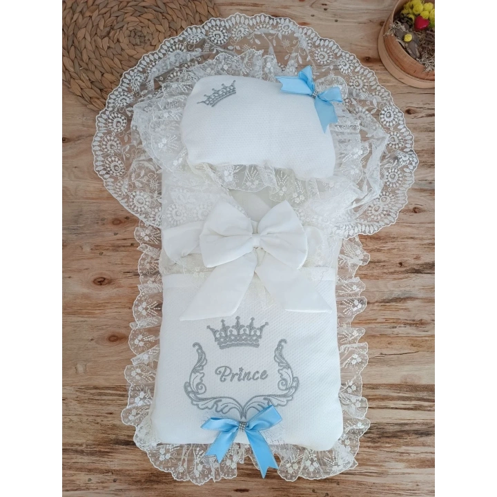 Yenidoğan Sahra Benim Prensim Nakışlı Kundaklı Trilüks Erkek 3lü Alt Açma Seti Mavi