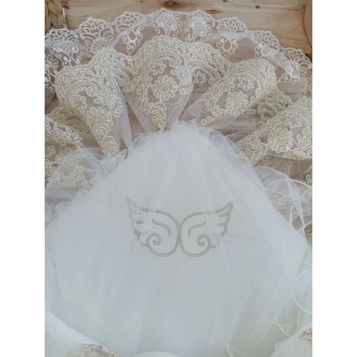 Yenidoğan Sahra Taç Nakışlı Gold Angel Trilüks Kundak Bebek Battaniyesi Ekru