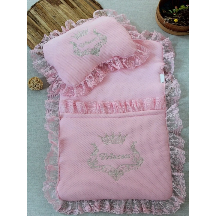 Yenidoğan Sahra Taç Nakışlı Trilüks 2li Alt Açma Seti Pembe