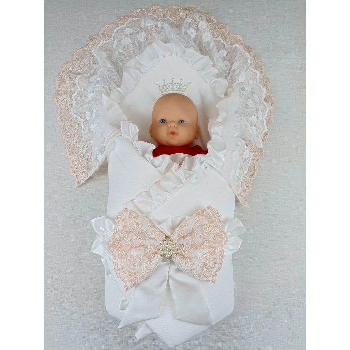 Yenidoğan Sahra Taç Nakışlı Trilüks Kundak Bebek Battaniyesi Ekru