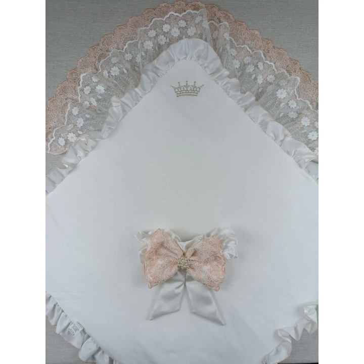 Yenidoğan Sahra Taç Nakışlı Trilüks Kundak Bebek Battaniyesi Ekru