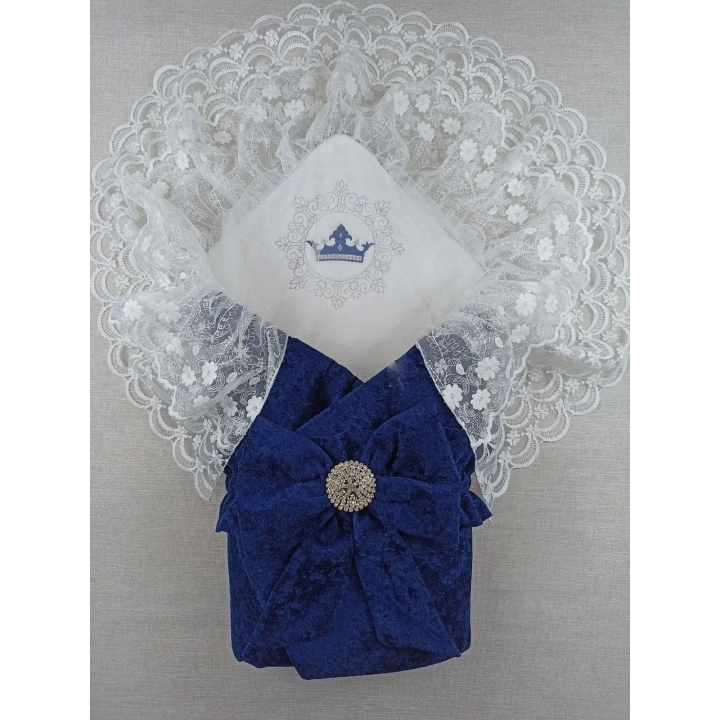 Yenidoğan Saray Kadife Taç Nakışlı İnci Fiyonklu Çift Dantel Duvak Trilüks Kundak Bebek Battaniyesi Lacivert
