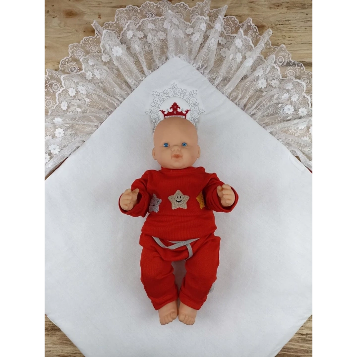 Yenidoğan Saray Kadife Taç Nakışlı İnci Fiyonklu Çift Dantel Duvak Trilüks Kundak Bebek Battaniyesi Bordo