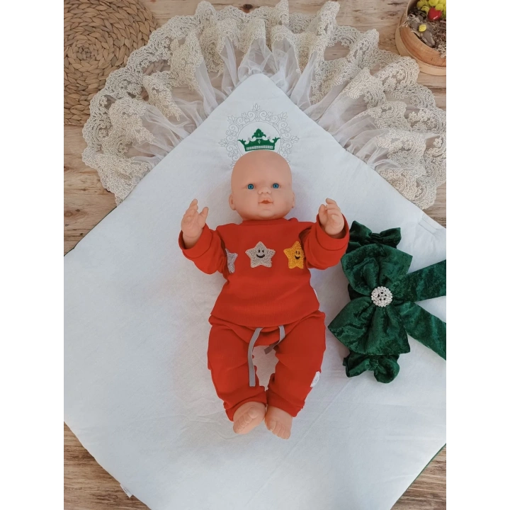 Yenidoğan Saray Kadife Taç Nakışlı İnci Fiyonklu Çift Dantel Duvak Trilüks Kundak Bebek Battaniyesi Yeşil