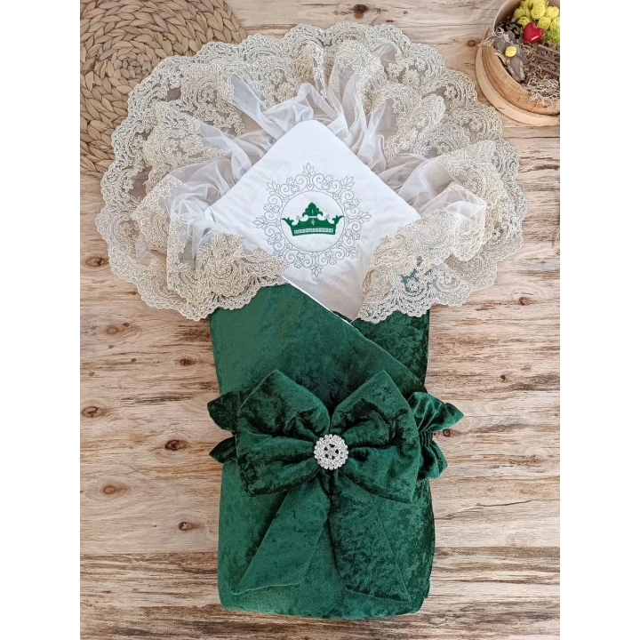 Yenidoğan Saray Kadife Taç Nakışlı İnci Fiyonklu Çift Dantel Duvak Trilüks Kundak Bebek Battaniyesi Yeşil