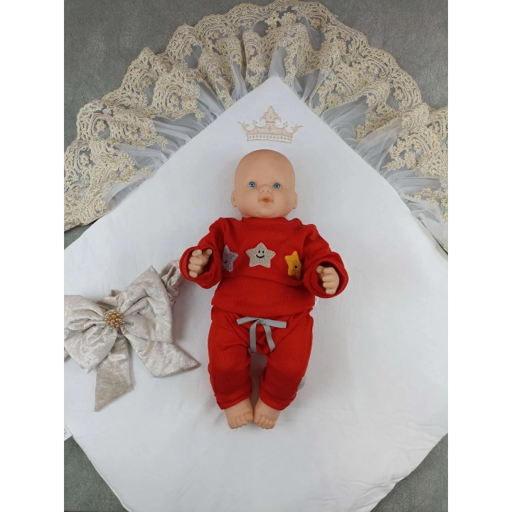 Yenidoğan Saray Kadife Taç Nakışlı İnci Fiyonklu Çift Dantel Duvak Trilüks Kundak Bebek Battaniyesi Vizon-gold