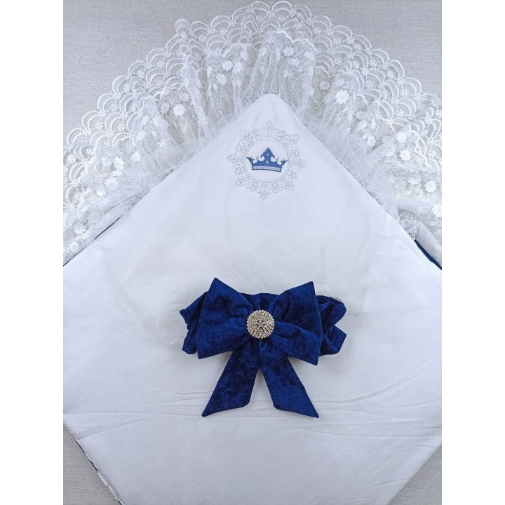 Yenidoğan Saray Kadife Taç Nakışlı İnci Fiyonklu Çift Dantel Duvak Trilüks Kundak Bebek Battaniyesi Lacivert