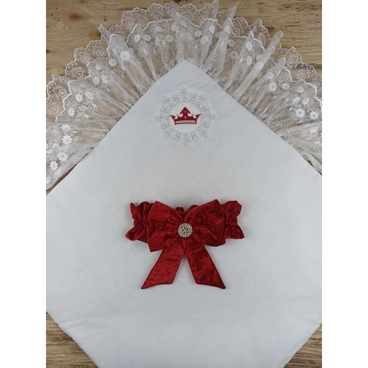 Yenidoğan Saray Kadife Taç Nakışlı İnci Fiyonklu Çift Dantel Duvak Trilüks Kundak Bebek Battaniyesi Bordo