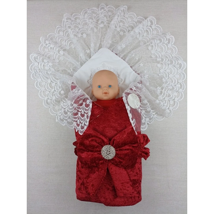 Yenidoğan Saray Kadife Taç Nakışlı İnci Fiyonklu Dantel Duvak Trilüks Kundak Bebek Battaniye Bordo