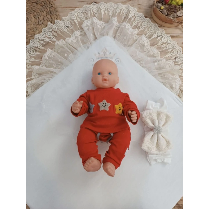 Yenidoğan Teri Cotton Taç Nakışlı Prizma Taş Kundak Bebek Battaniyesi Krem