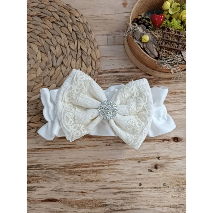 Yenidoğan Teri Cotton Taç Nakışlı Prizma Taş Kundak Bebek Battaniyesi Krem