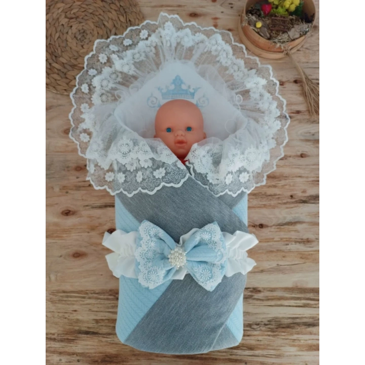 Yenidoğan Teri Cotton Taç Nakışlı Prizma Taş Kundak Bebek Battaniyesi Mavi