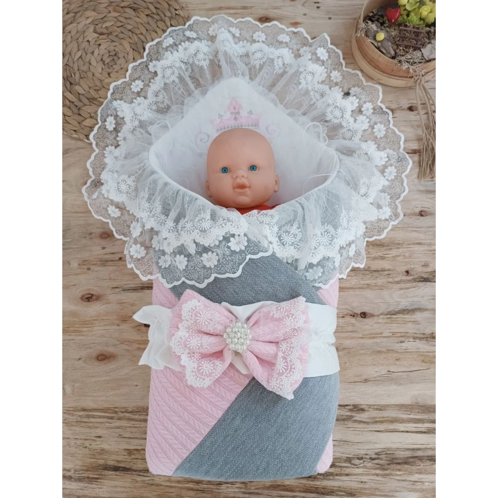 Yenidoğan Teri Cotton Taç Nakışlı Prizma Taş Kundak Bebek Battaniyesi Pembe