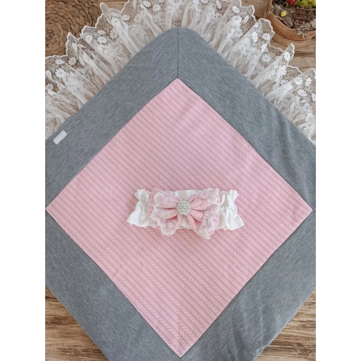 Yenidoğan Teri Cotton Taç Nakışlı Prizma Taş Kundak Bebek Battaniyesi Pembe