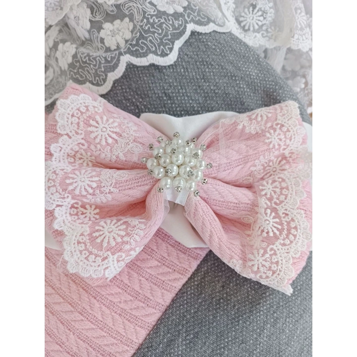 Yenidoğan Teri Cotton Taç Nakışlı Prizma Taş Kundak Bebek Battaniyesi Pembe