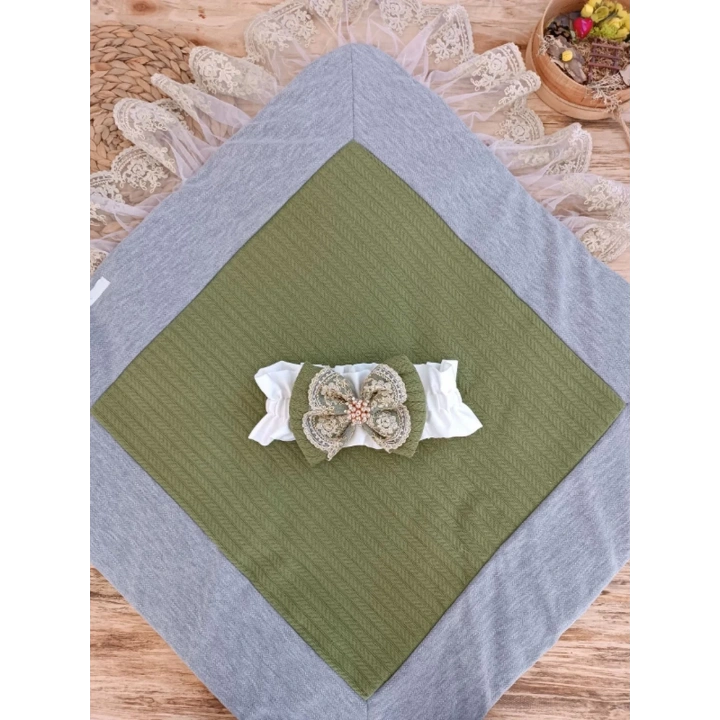 Yenidoğan Teri Cotton Taç Nakışlı Prizma Taş Kundak Bebek Battaniyesi Yeşil